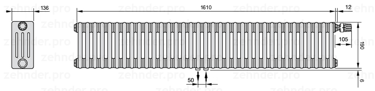 Схема (чертеж) Радиатор Zehnder Charleston 4019/35 №V008 Белый глянцевый RAL 9016